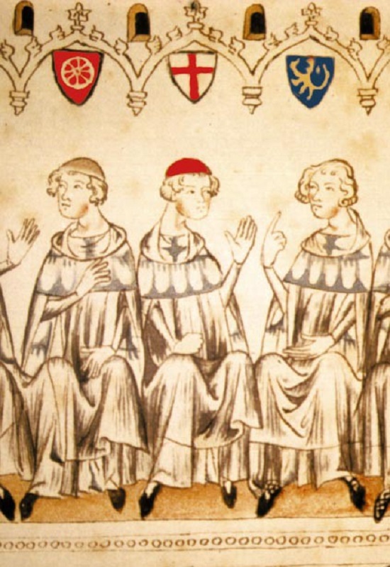 Balduin (uprostřed) společně s Petrem z Mohuče a falckrabím Rudolfem při královské volbě 1308 v Codex Balduini Trevirensis. 