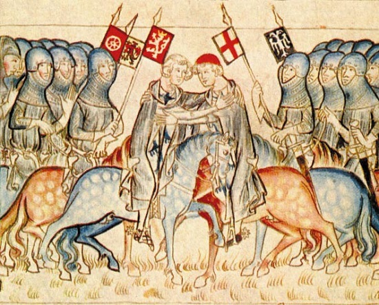 Setkání Balduina s jeho synovcem, českým králem Janem Lucemburským, z Codex Balduini Trevirensis.