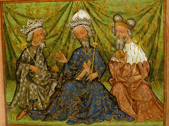 Václav IV. (vlevo), společně s Karlem IV. a Joštem Moravským, na iluminaci v Památné knize olomoucké z roku 1430